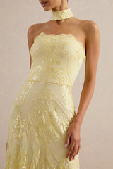 Galathea | Yellow Lace Bandeau-Neck Midi Dress With Collar Detail