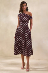 Celosia | Brown Polka-Dot Asymmetric-Neck Midi Dress With Gold-Detailing