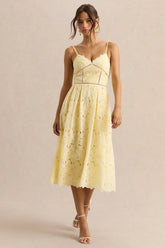 Nicoline | Lemon Lace Sweetheart Midi Dress With Cami Straps