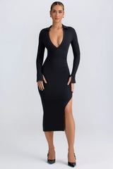Modal Plunge V-Neck Midaxi Dress In Black