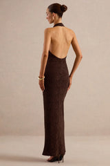 Ocealla | Brown Lace Plunge-Neck Maxi Dress With Gathered-Detailing