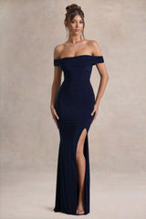 Law Of Attraction | Navy Bardot Draped Split Maxi Dress