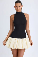 Modal Turtleneck Drop-Waist Bubble Hem Mini Dress In Black