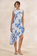 Isalyn | Blue Floral Print Round-Neck Midi Dress With Asymmetric Hemline