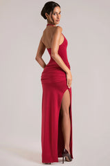 Deep Plunge Halterneck Maxi Dress In Cherry Red
