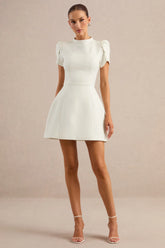 Carabella | White High-Neck Short-Sleeve Mini Dress