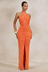 Alinor | Orange Wrap Halter-Neck Maxi Dress With Ruched Detailing