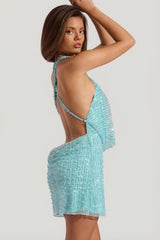 Embellished Cowl-Neck Backless Mini Dress In Aquamarine