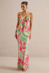 Marlen | Green Floral Print Satin Plunge-Neck Maxi Dress With Ruffled Detailing