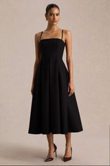 Thalia | Black High-Neck Midi Dress With Sheer Mesh Cape