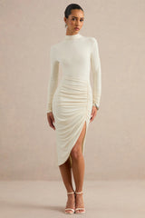Faylinn | Cream High-Neck Midi Dress With Draped Detailing And Front Split