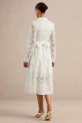 Zalynne | White Broderie Collared-Neck Midi Dress