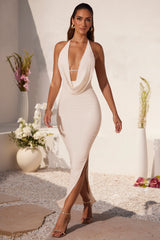 Plunge Cowl Neck Floor Length Dress In Ivory