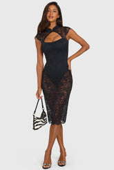 Lace Cut-Out Sheer Midi Dress In Black