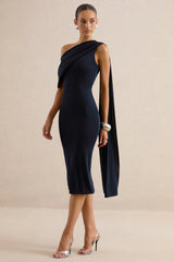 Madelisse | Navy Asymmetric-Neck Midi Dress With Sash
