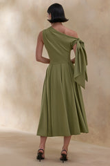 Daring | Olive Asymmetric-Neck Midi Dress With Knot-Detail