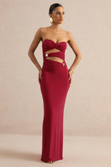 Mireia | Red Bandeau-Neck Maxi Dress With Body Cut-Out And Gold Details