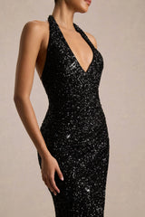 Gio | Black Sequin Plunge-Neck Wrap Maxi Dress With Ruched Detailing And Front Split