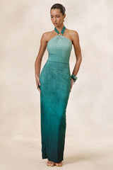 Thera | Turquoise Ombre Halter-Neck Maxi Dress With Gold Detail