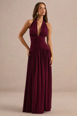 Bettina | Burgundy Plunge-Neck Maxi Dress With Gathered-Detailing