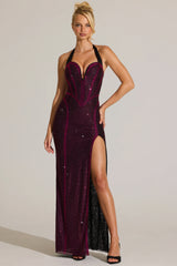 Embellished Halterneck Maxi Dress In Fuchsia Pink
