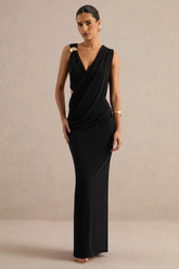 Tahlia | Black Plunge-Neck Maxi Dress With Draped Detailing And Gold Detail