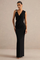 Tahlia | Black Plunge-Neck Maxi Dress With Draped Detailing And Gold Detail