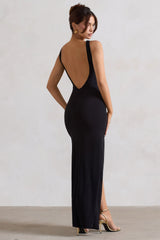 Kate | Black Square Neck Maxi Dress With Plunge Back And Side Thigh Split