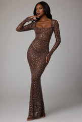 Sheer Embellished Long Sleeve Evening Gown In Deep Cocoa