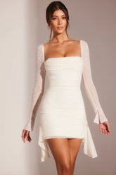 Long Sleeve Embellished Cowl Neck Mini Dress In White
