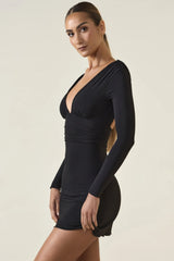 Modal Ruched Plunge A-Line Mini Dress In Black