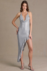 Embellished Plunge Asymmetric Maxi Dress In Diamond