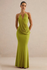 Dinara | Olive Halter-Neck Maxi Dress With Draped Detailing And Gold Detail