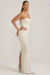 Embellished Cut-Out Draped Corset Gown In White