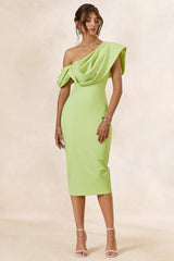 Adrina | Lime Draped One Shoulder Midi Dress