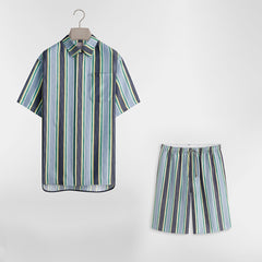 DIOR Dioriviera Dior Oblique Sun Stripes Short Sleeved Shirt and Shorts Blue and Green Cotton-Silk Jacquard #387355