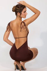 Slinky Jersey Open Back Mini Dress In Espresso