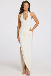 Deep Plunge Halterneck Maxi Dress In White