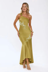 Jelly Glow One Shoulder Satin Maxi Dress Olive