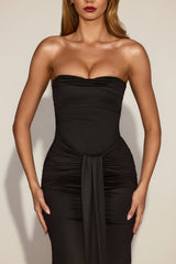 Satin Peekaboo Bandeau Draped Gown In Black
