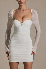 Embellished Long-Sleeve Mini Dress In Snow