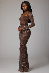 Sheer Embellished Long Sleeve Evening Gown In Deep Cocoa