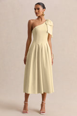 Meria | Lemon Asymmetric-Neck Midi Dress With Bow-Sleeve