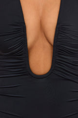 Slinky Jersey Plunge Neck Ruched Mini Dress In Black