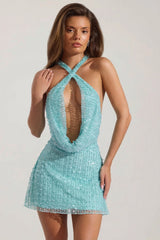 Embellished Cowl-Neck Backless Mini Dress In Aquamarine