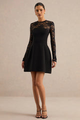 Aerin | Black High-Neck Mini Dress With Lace Sleeves