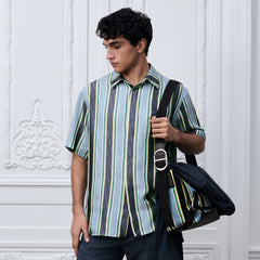 DIOR Dioriviera Dior Oblique Sun Stripes Short Sleeved Shirt and Shorts Blue and Green Cotton-Silk Jacquard #387355