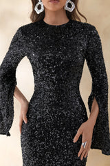 Romea | Black Sequin High-Neck Maxi Dress With Cape Sleeves