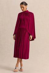Honora | Burgundy High-Neck Midi Dress With Cape-Sleeves