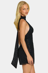 Embellished Scarf-Detail Halterneck Mini Dress In Black